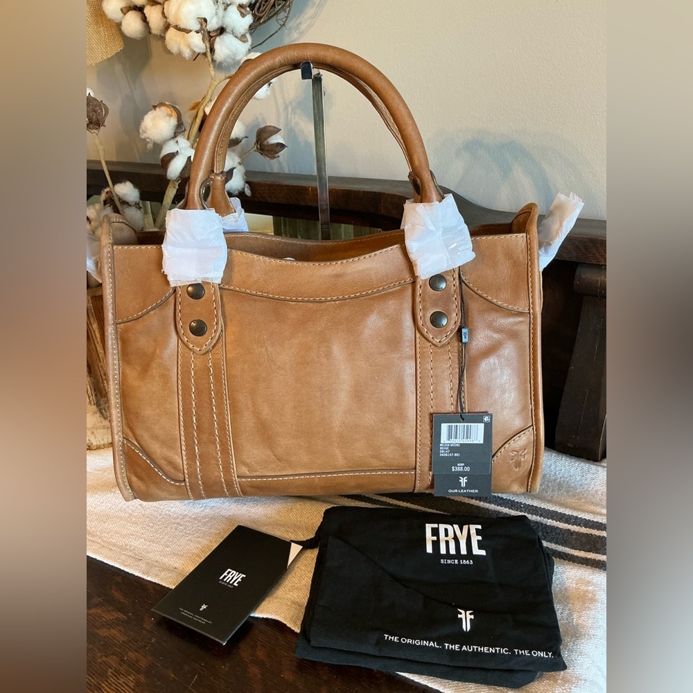 NWT Frye Melissa Leather Beige Brown Satchel Crossbody Handbag Bag Retail $388 - Picture 7 of 16